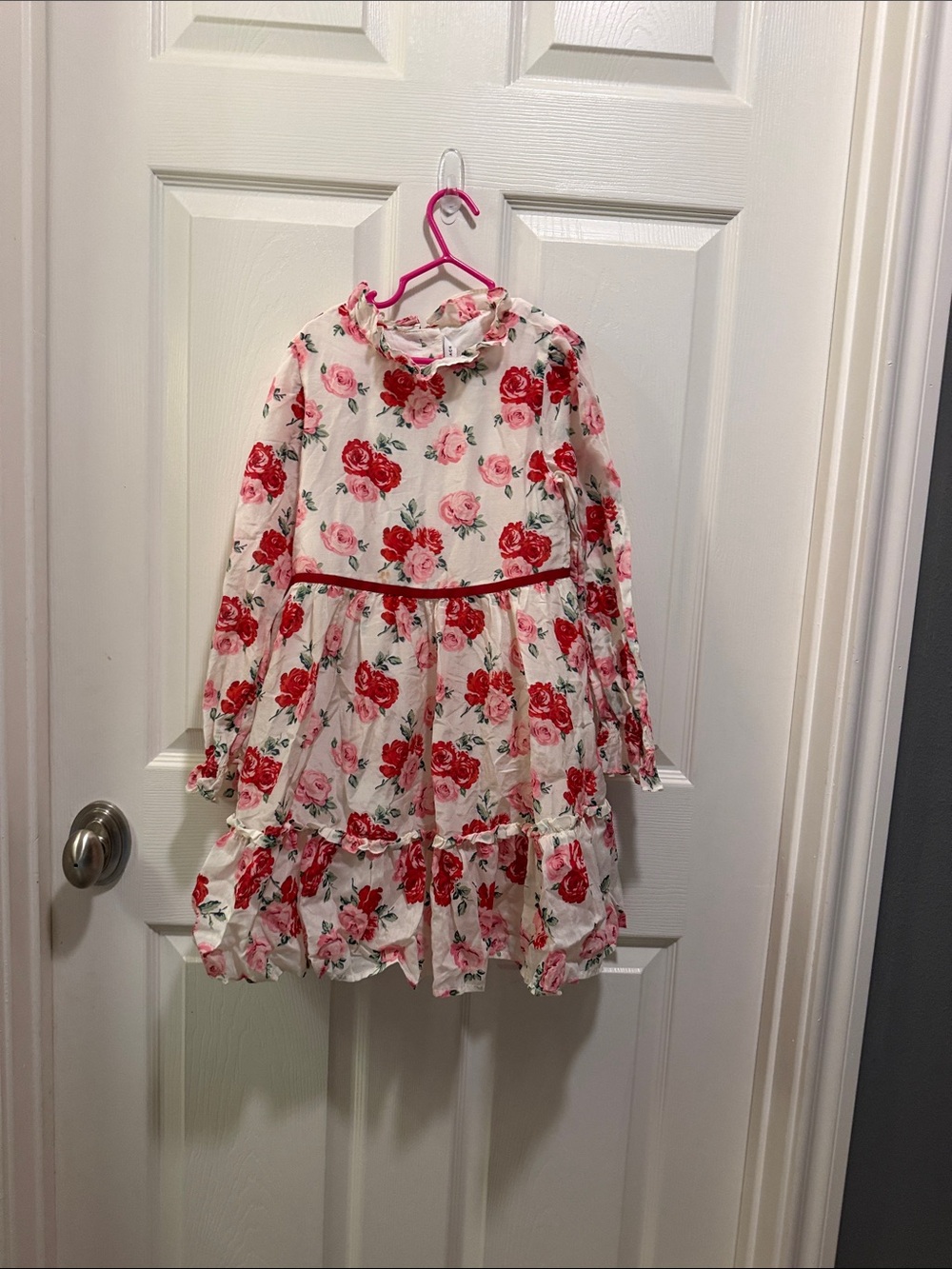 Girls Floral Ruffle Long-Sleeve Dress - Pink & Red